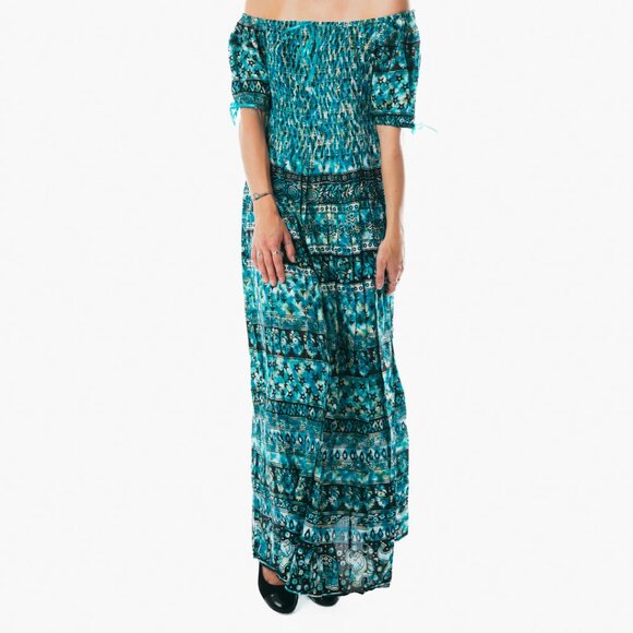 Turqoise peasant maxi dress short sleeve off shoulder boho summer floral tie dye - Picture 2 of 5